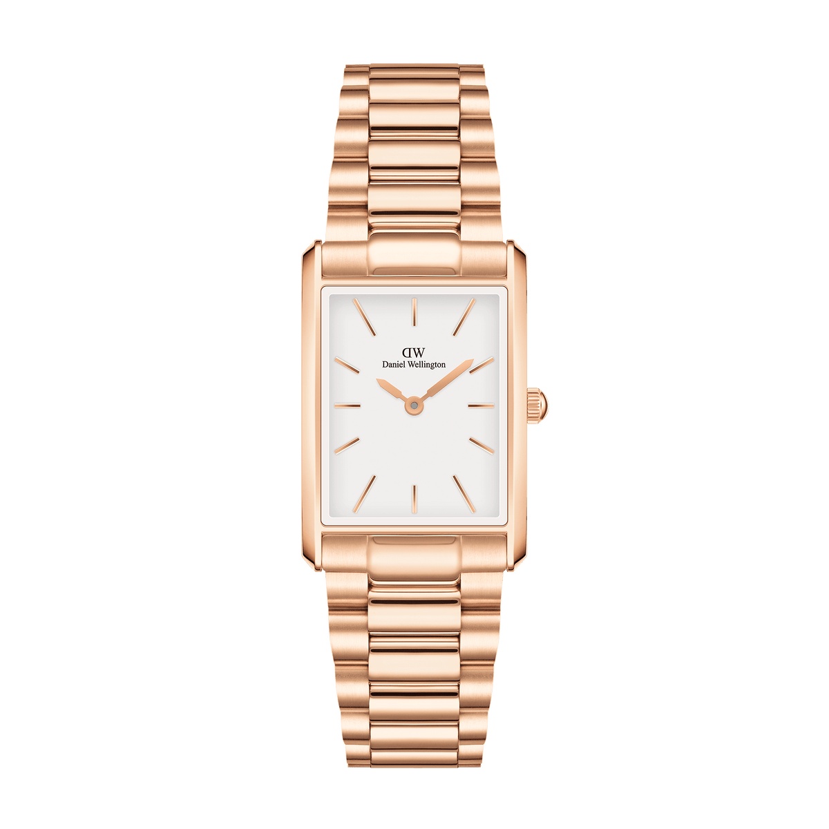 Rectangular women's watch in rose gold with a 3-link stainless steel bracelet and white dial, minimalist design by Daniel Wellington.