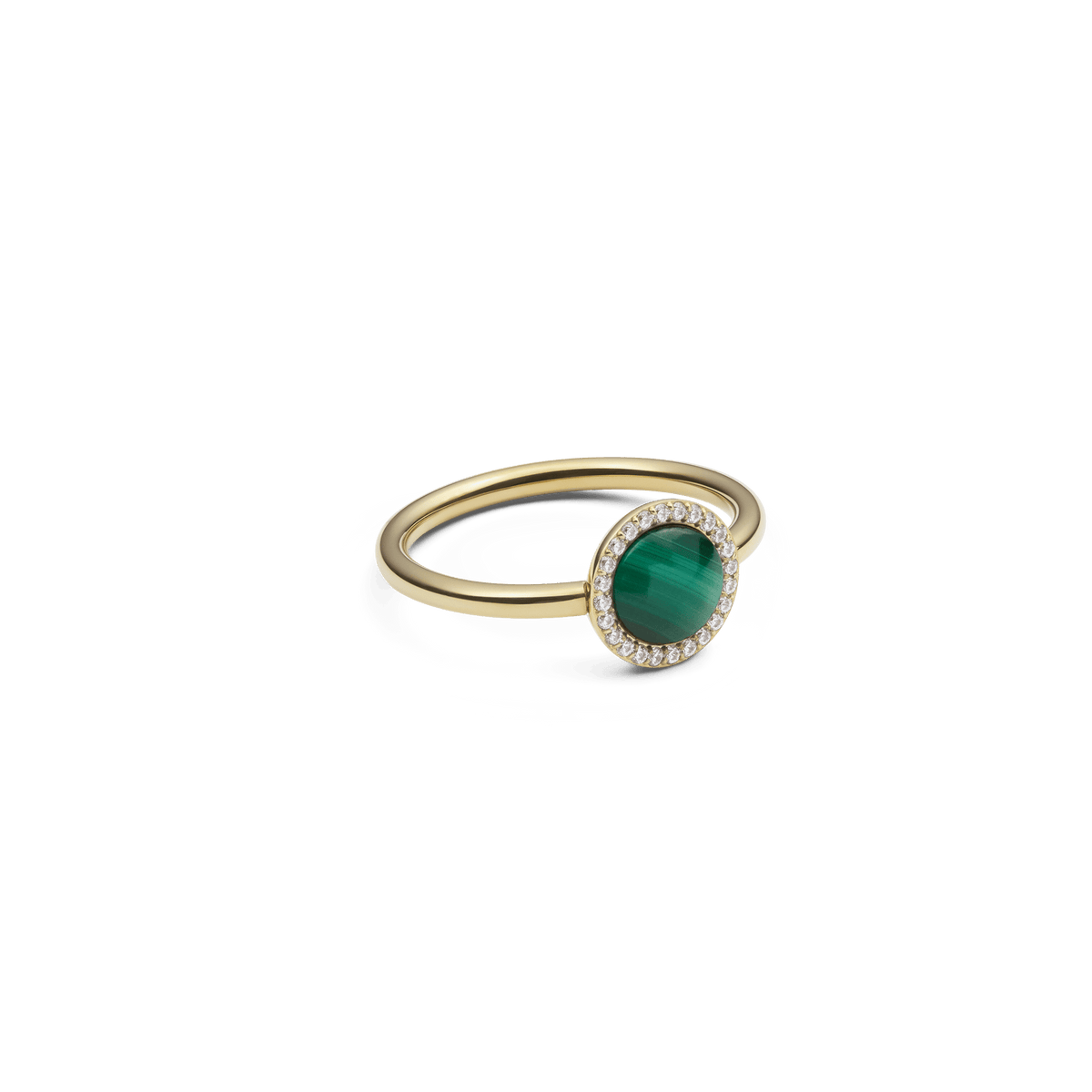 Elegant gold ring with a round green malachite at the centre and a delicate border of white zirconia crystals on a slender band.