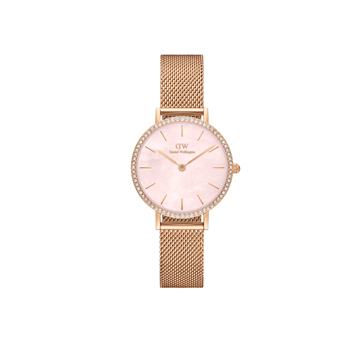 Elegant ladies' watch in rose gold with a delicate mesh strap, round case, pink mother-of-pearl dial, and a sparkling bezel set with individually mounted stones.