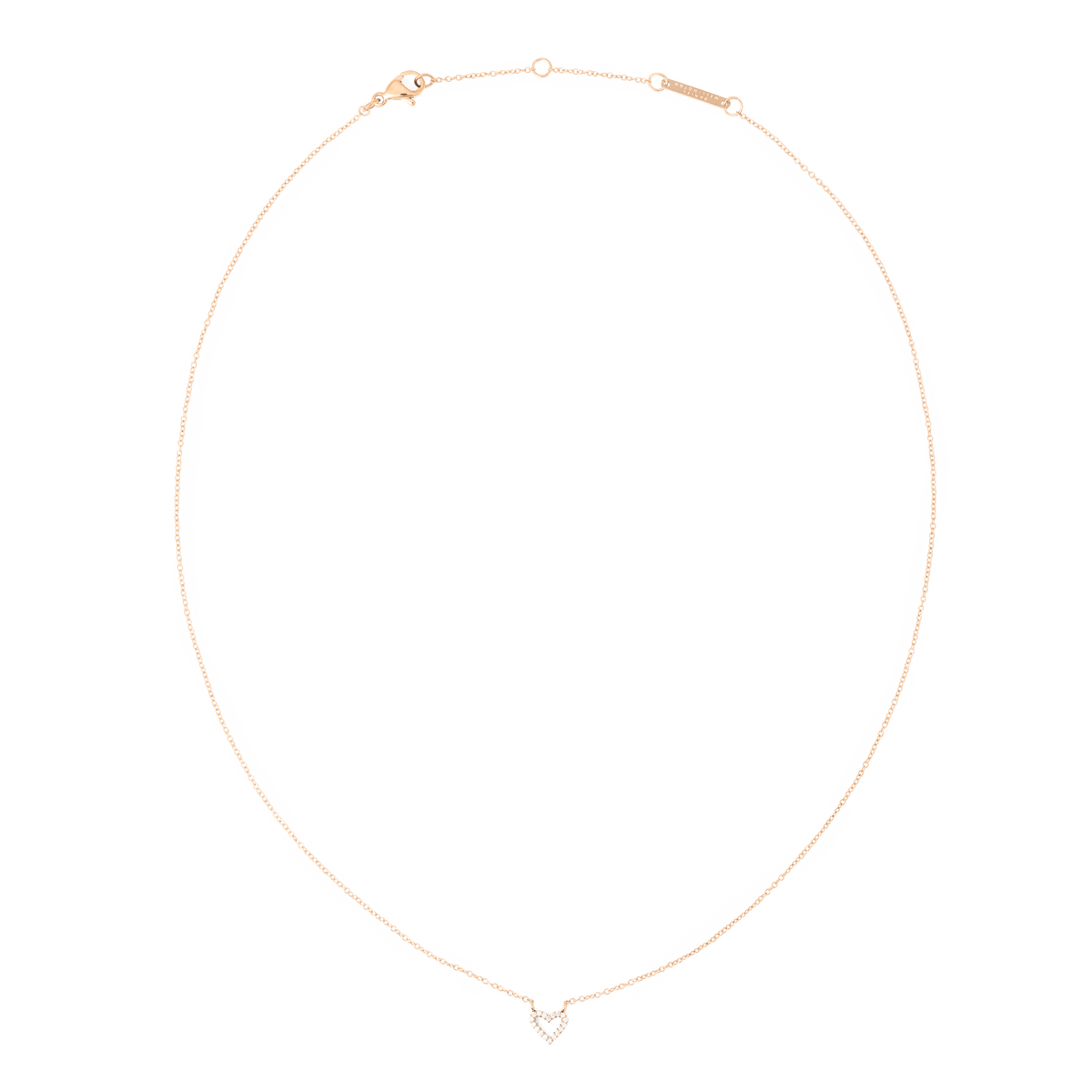 Collana Mirelle Heart in oro rosa con catena sottile regolabile e chiusura a moschettone. Il ciondolo a forma di cuore presenta una zirconia cubica incastonata al centro.