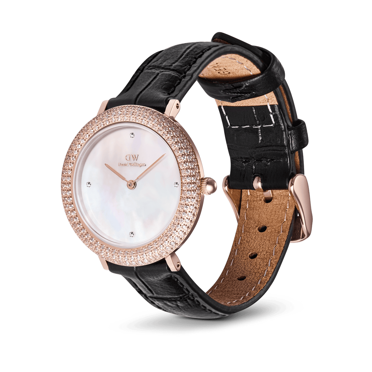 Ladies' watch with rose gold case, sparkling zirconia bezel, white mother-of-pearl dial, and black leather strap with crocodile embossing in a side view.