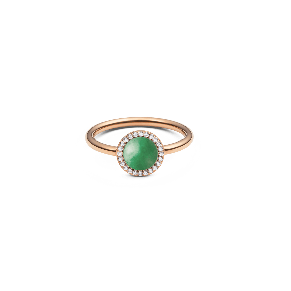 Delicate women's ring made of rose gold with a round green jade semi-precious stone as the centre stone, surrounded by a fine row of white cubic zirconia crystals.