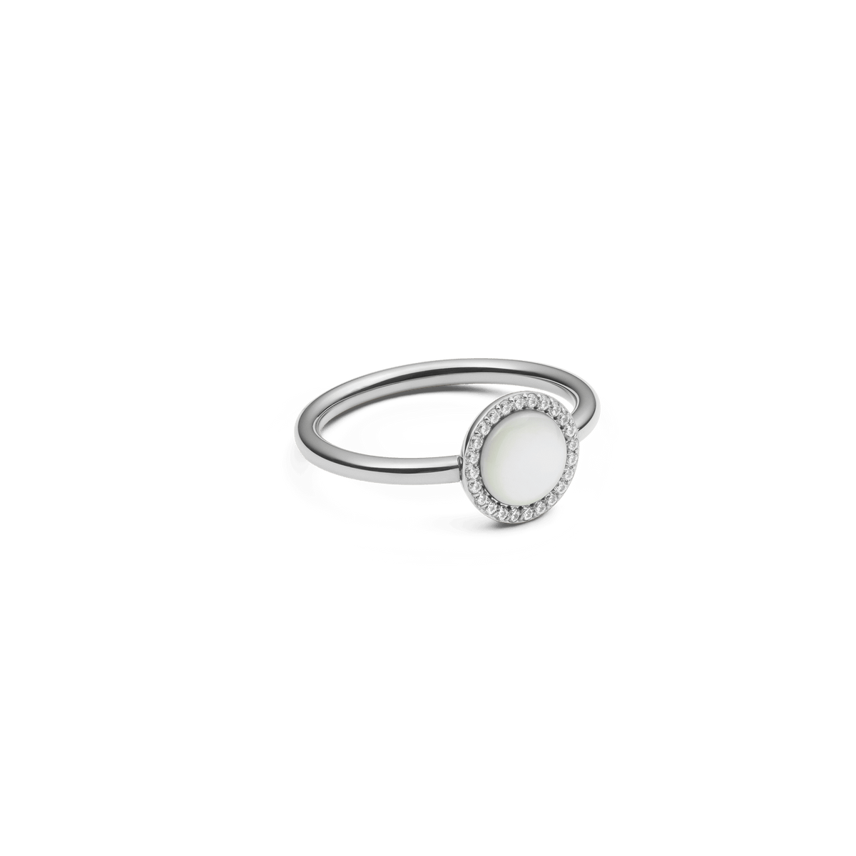 Elegant Audrey ring made of silver-coloured stainless steel with a round mother-of-pearl centre and a fine zirconia crystal border in a minimalist design.