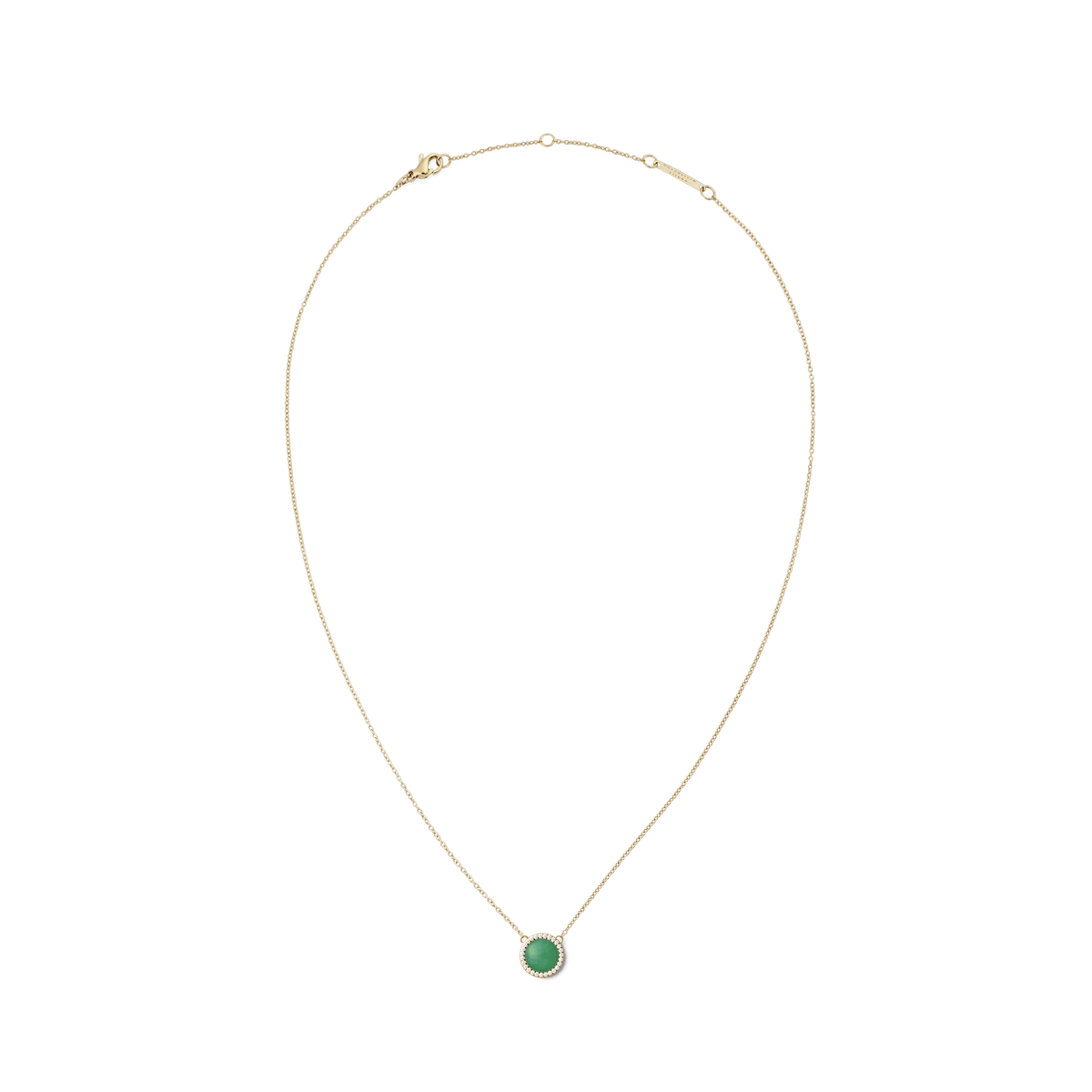Delicate gold necklace with a round green jade pendant and sparkling white zirconia crystals, designed in a minimalist and elegant style.