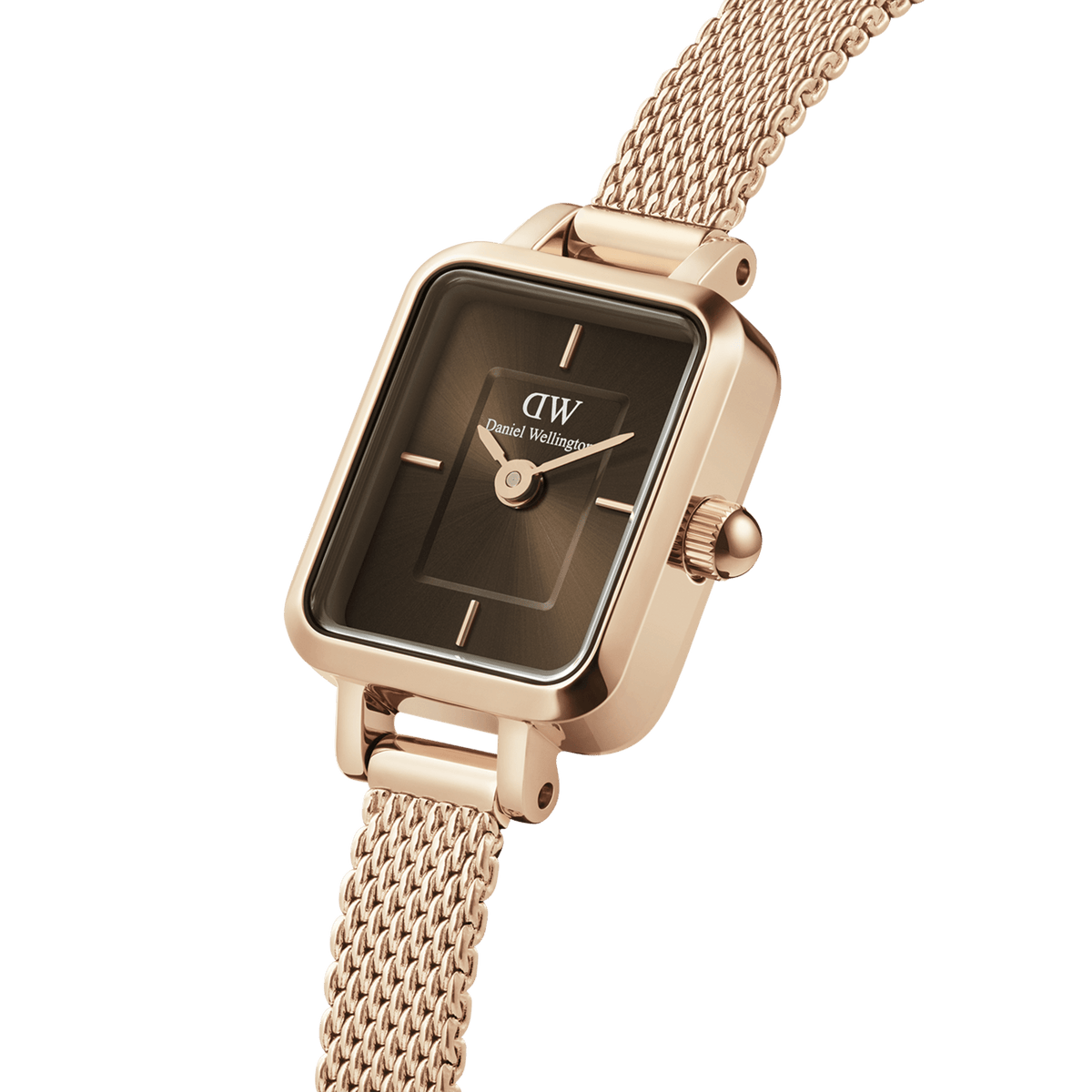 Close-up view of the Quadro Mini Melrose Amber women's watch with a rectangular rose gold case, amber-coloured sunray dial, and fine mesh strap.
