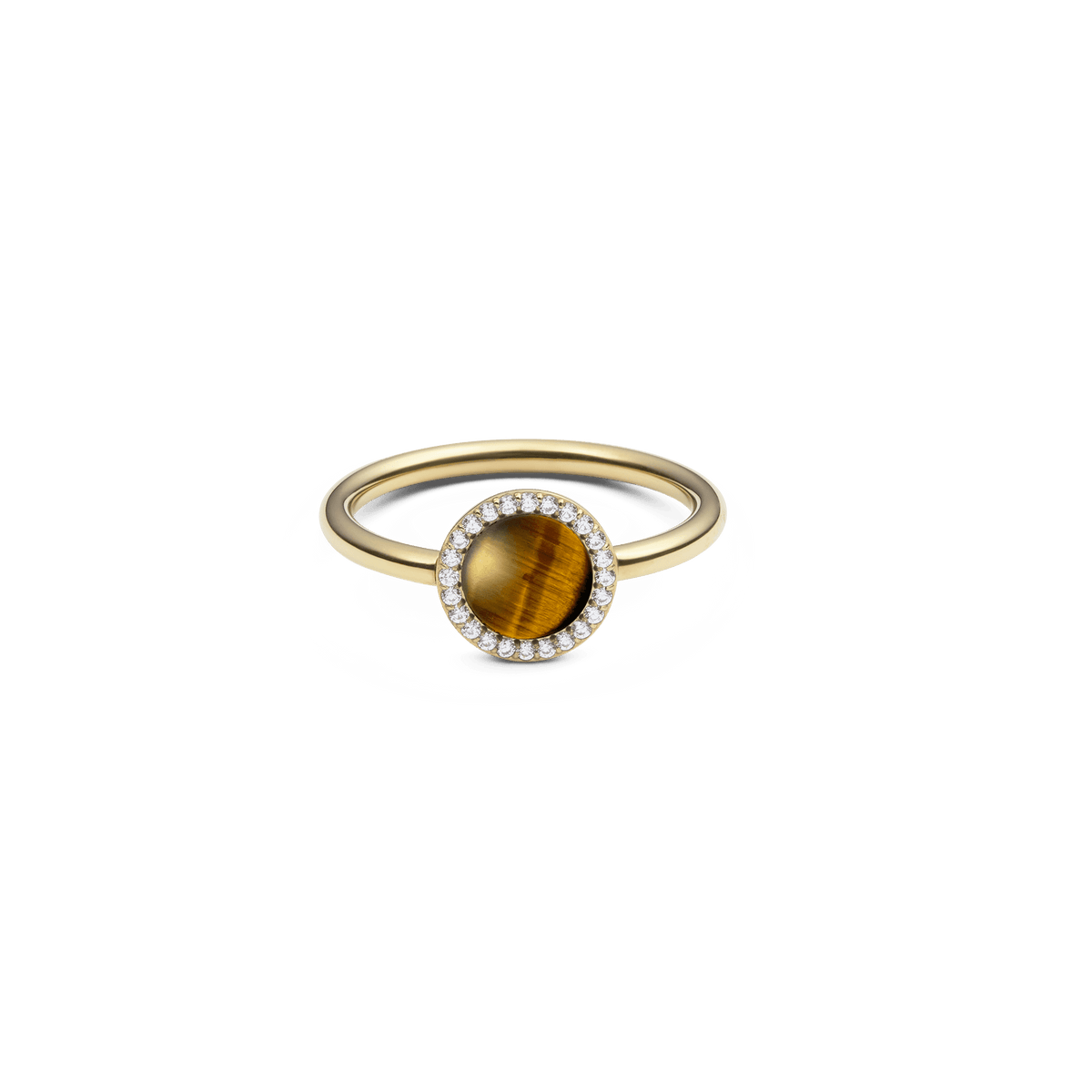 Anello Audrey con pietra naturale occhio di tigre, dalle caratteristiche striature dorate e marroni, impreziosito da zirconi bianchi incastonati su una montatura in acciaio inossidabile placcato oro.