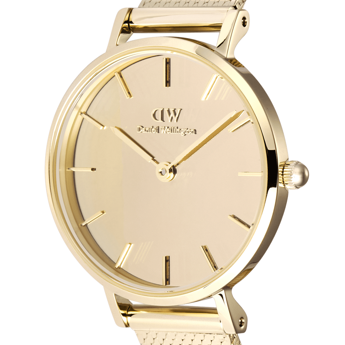 Close-up of the Petite Reflection Gold women's watch with a mirrored gold-coloured dial, slim hands, and polished case.