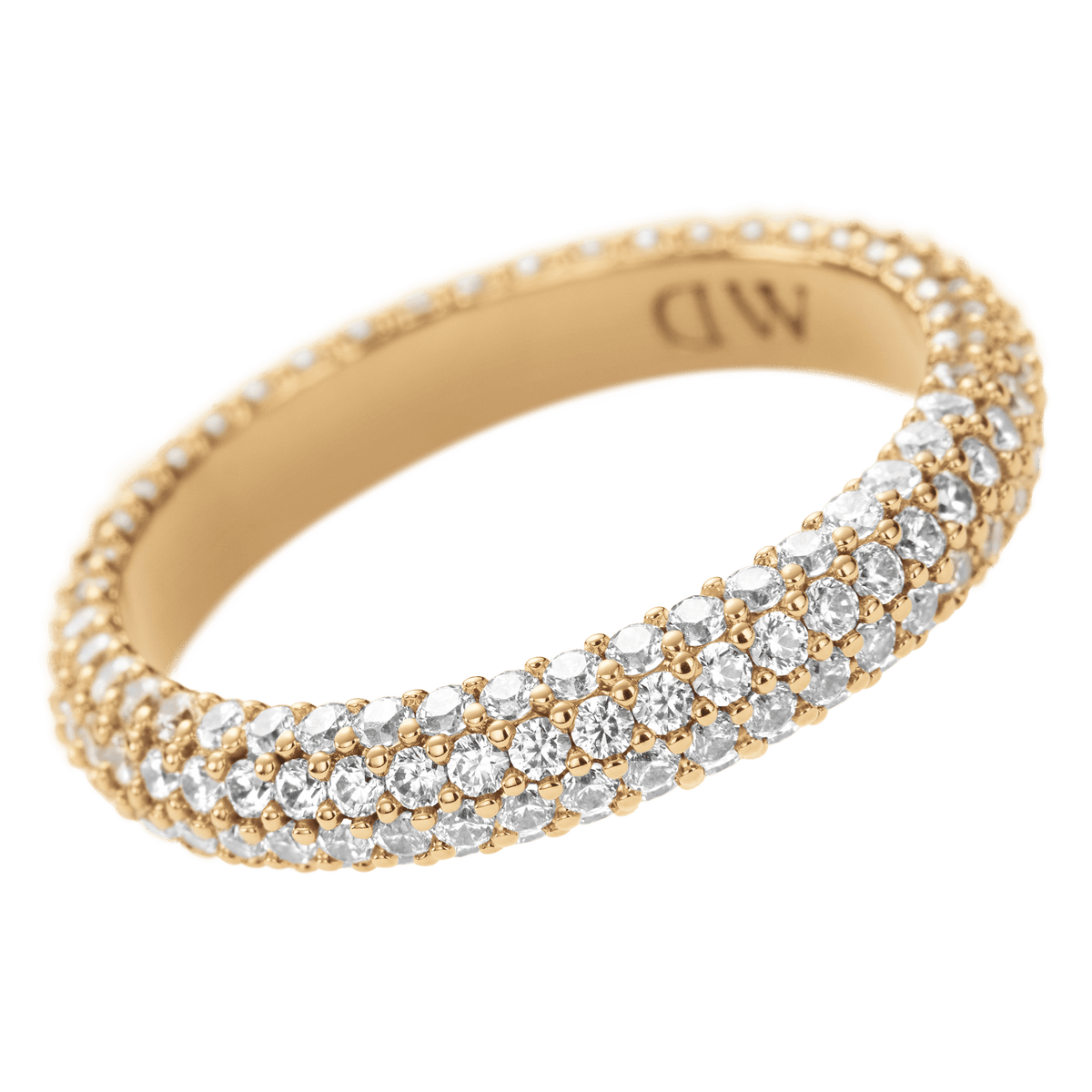 Gold pavé crystal ring with multiple rows of sparkling stones and a subtle DW engraving on the inside.