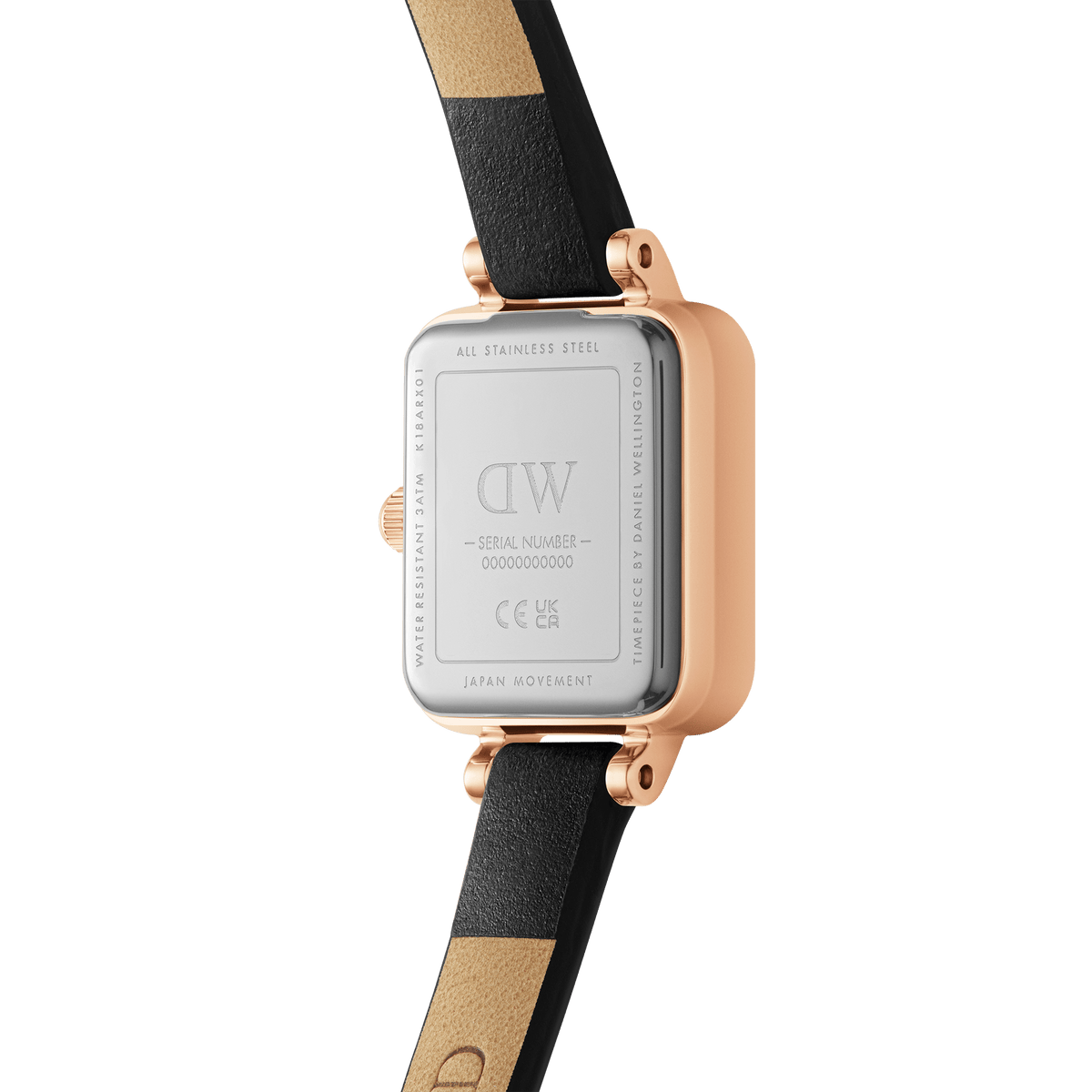 Rear view of the Quadro Mini Sheffield Rose Gold women's watch with engraved stainless steel back and black leather strap.
