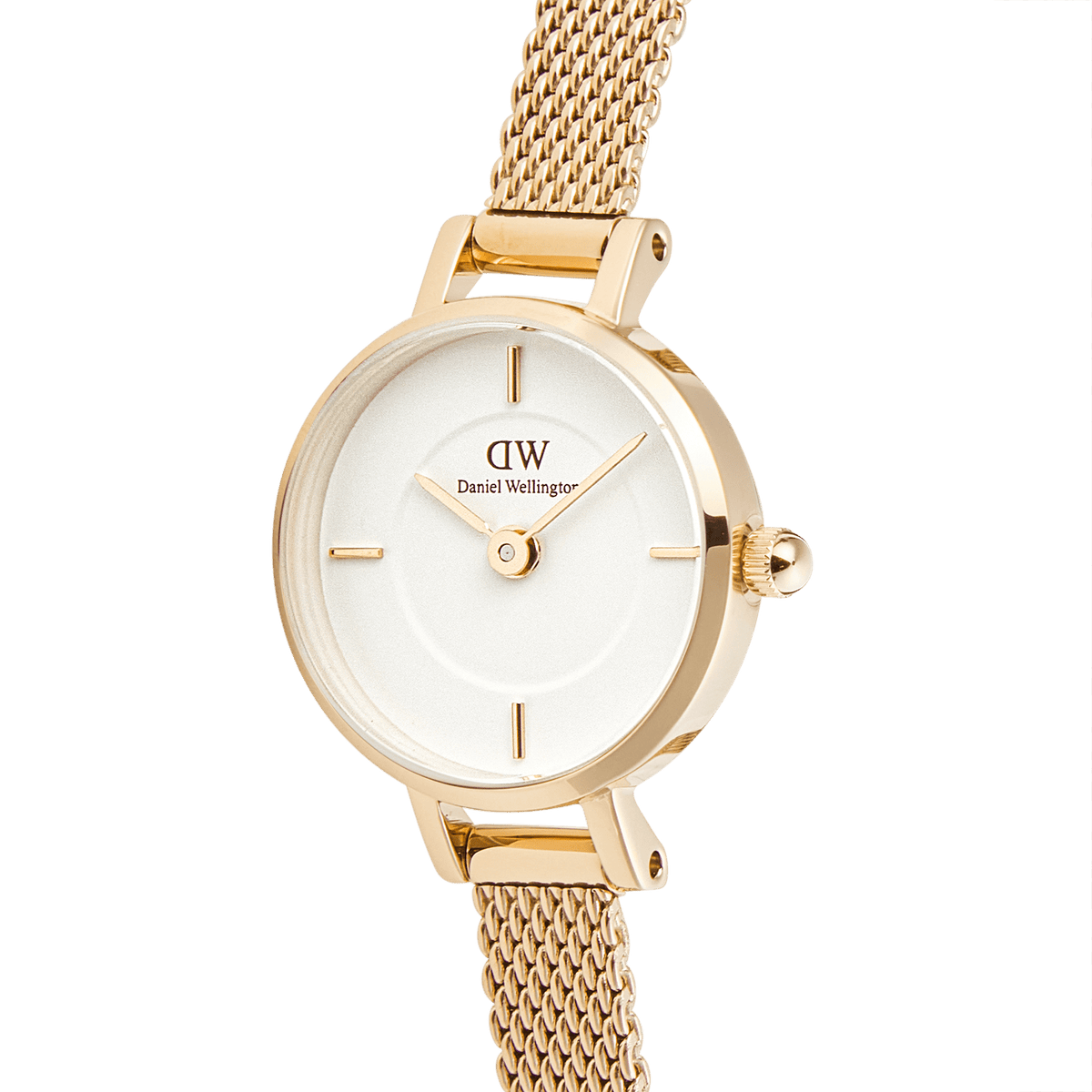Close-up view of the Petite Mini Evergold ladies' watch with a white dial, gold-coloured case, and fine mesh strap.