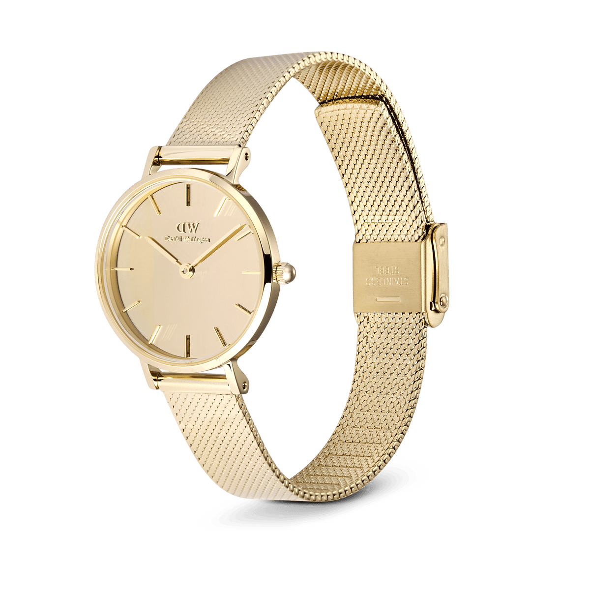 Petite Reflection Gold women's watch with a polished gold-coloured mesh strap, minimalist mirrored dial, and slim case in a side view.