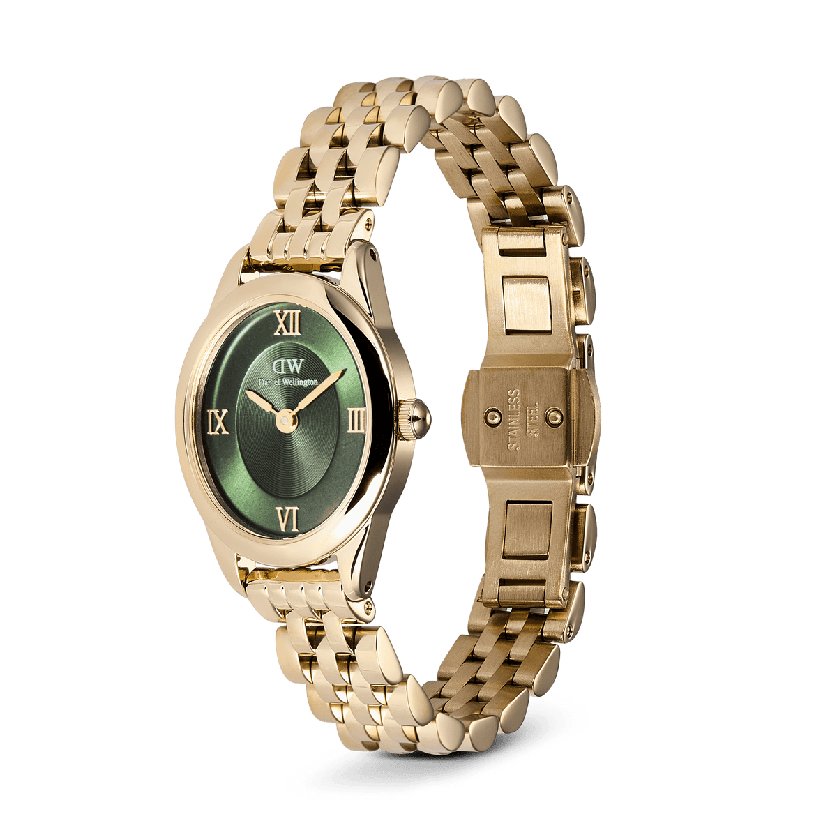 The Daniel Wellington Ophelia Mini Emerald Gold features an oval, gold-coloured stainless steel case, an emerald green dial, and an open 5-link bracelet with a butterfly clasp.