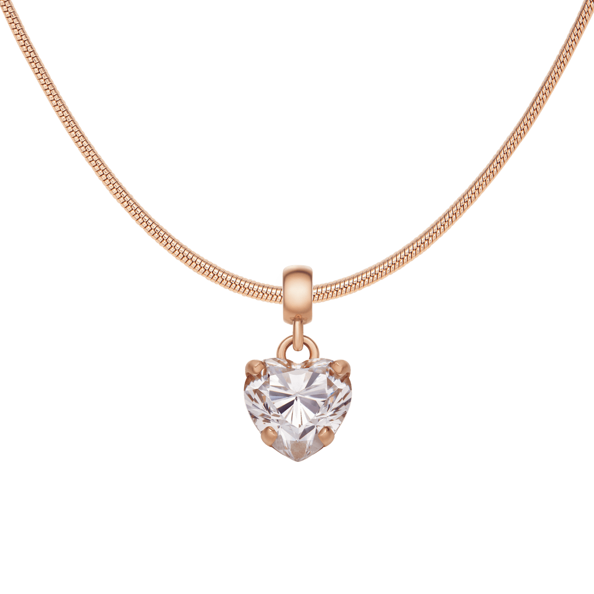 Heart Crystal White Rose Gold Charm + Snake Necklace RG