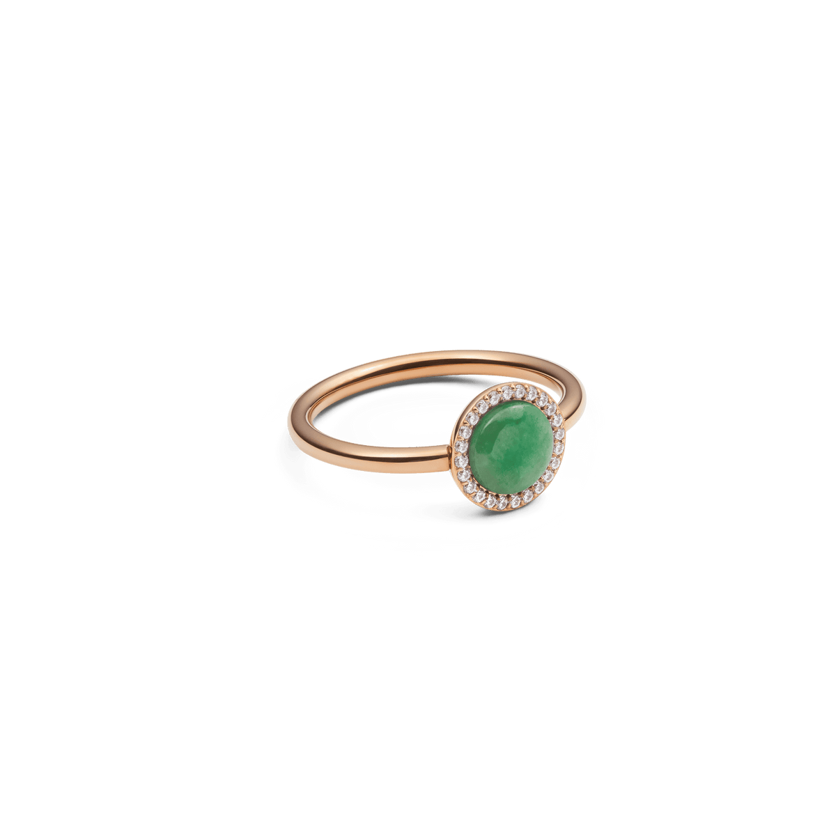 Elegant Audrey ring in rose gold with a round green jade semi-precious stone and encircling white zirconia crystals on a delicate band.