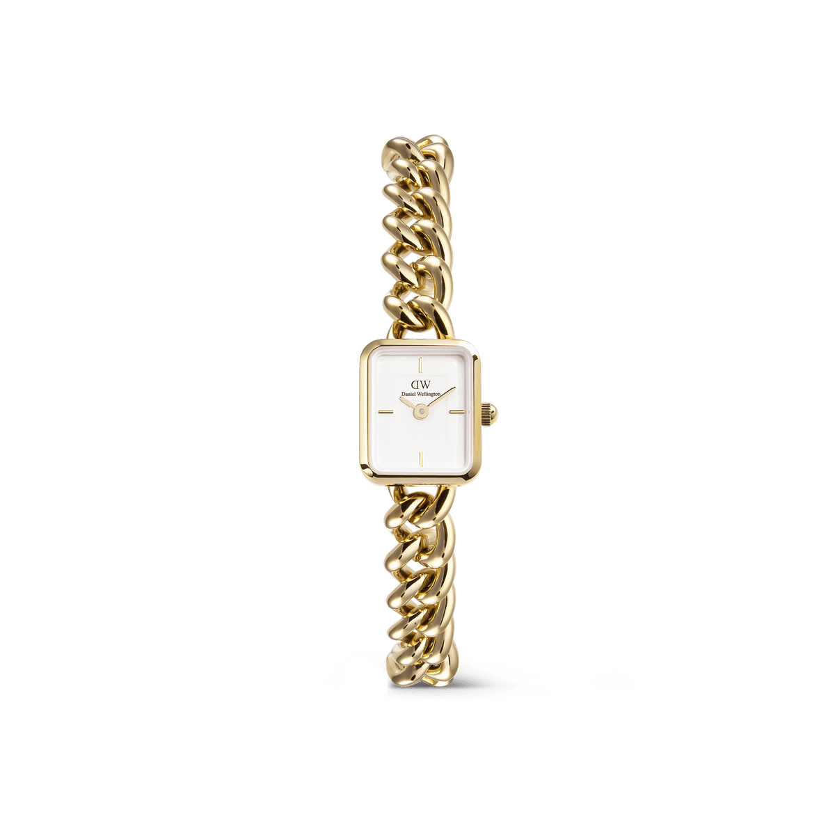 Elegant women's watch with a rectangular white dial and a striking gold-coloured stainless steel chain bracelet.
