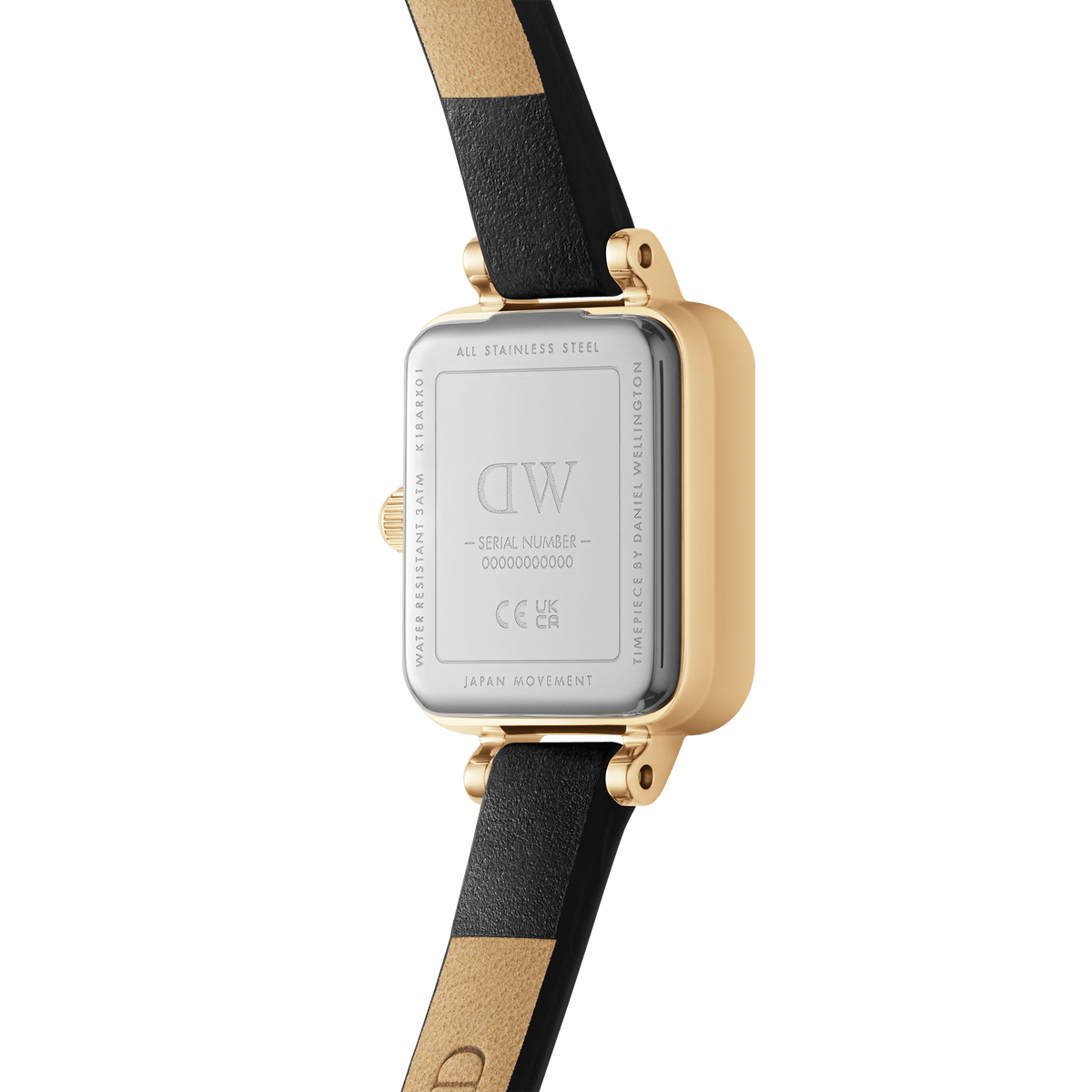 Rear view of the Quadro Mini Sheffield Gold women's watch with engraved stainless steel case back and black leather strap.