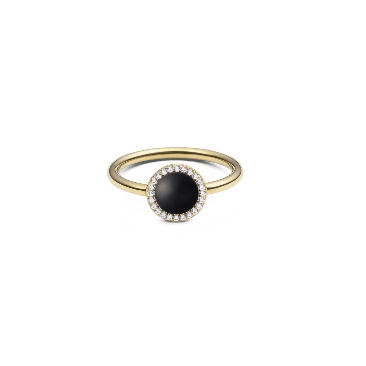 Elegant gold-coloured women's ring with a round black agate as the centre stone, surrounded by a delicate row of white cubic zirconia crystals.