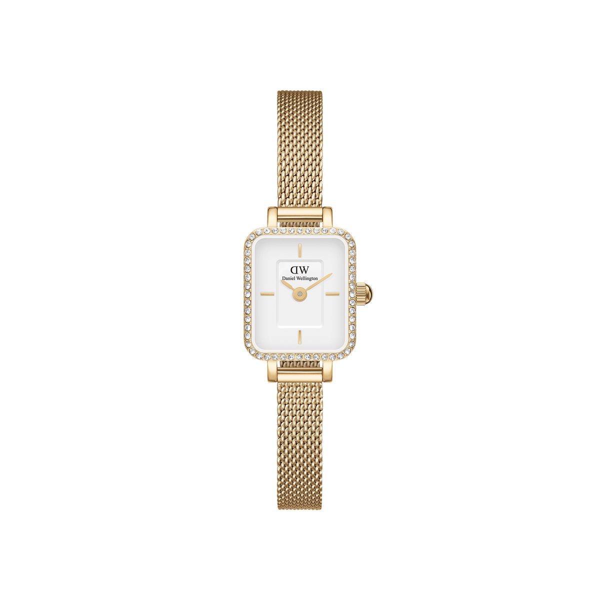 Elegant rectangular ladies' watch with a gold-coloured mesh strap, white dial, and sparkling crystal detailing along the case edge.