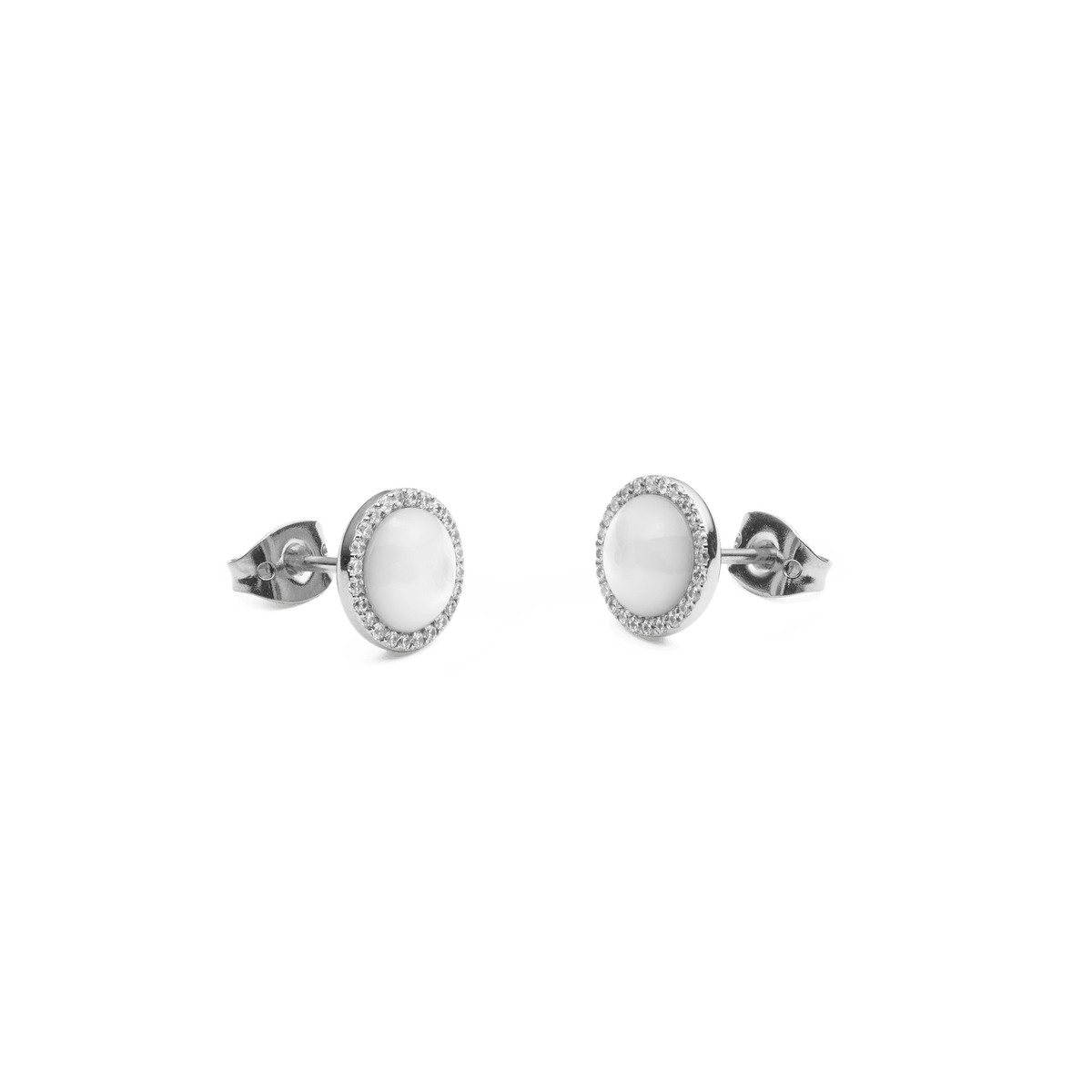 Silver Audrey stud earrings with a round mother-of-pearl stone and a fine crystal border, shown lying on their side with the stud fastening visible.