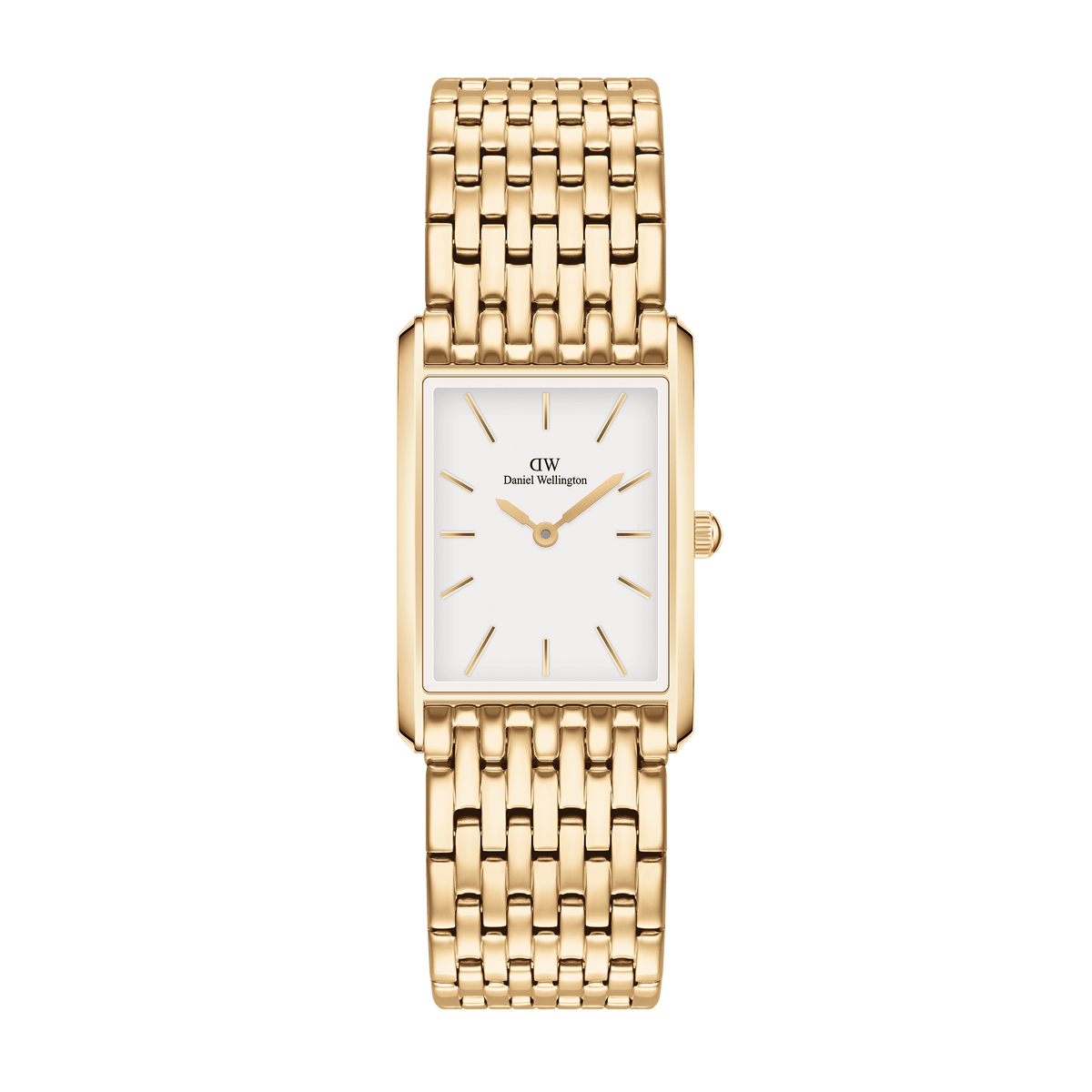 Rectangular ladies' watch in gold with a white dial, gold-coloured indices, and an elegant 9-link stainless steel bracelet.