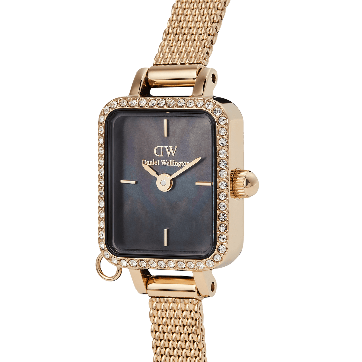 Close-up view of the Quadro Mini Crystal Zodiac Evergold women's watch with a rectangular gold-coloured case, sparkling crystals, black mother-of-pearl dial, and fine mesh strap.