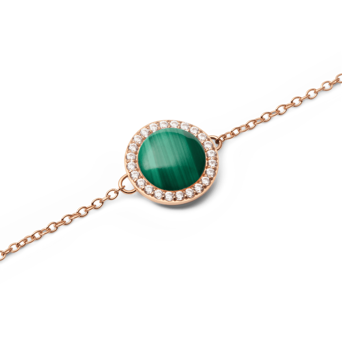 Close-up view of the Audrey bracelet in rose gold with a round green malachite pendant and a sparkling cubic zirconia border.