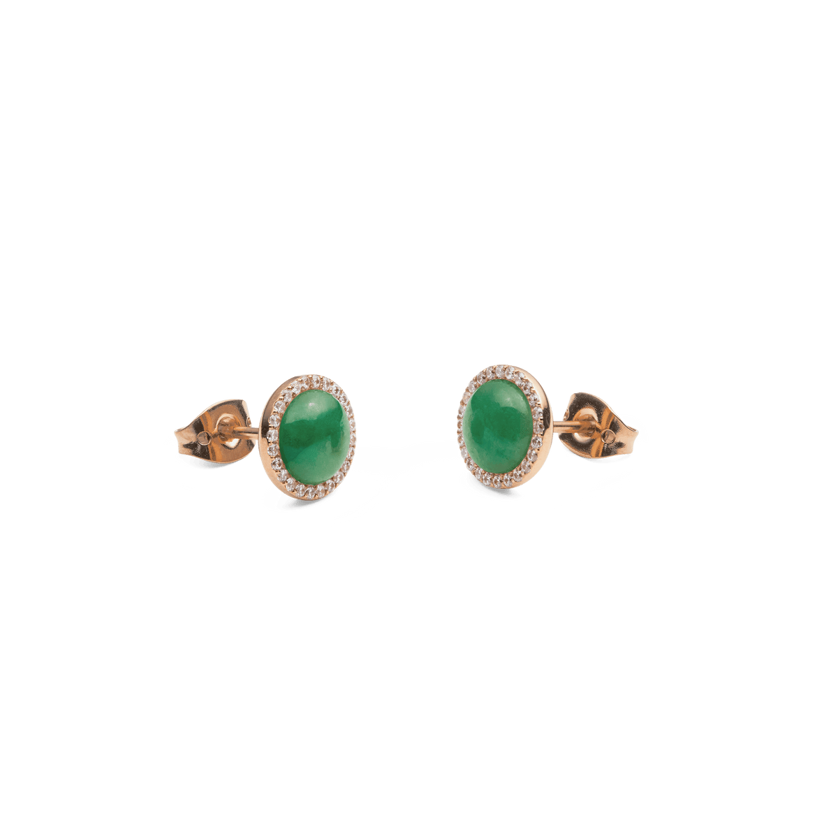 Two round stud earrings in rose gold with green jade gemstone and encircling white zirconia crystals, elegantly and high-quality crafted.