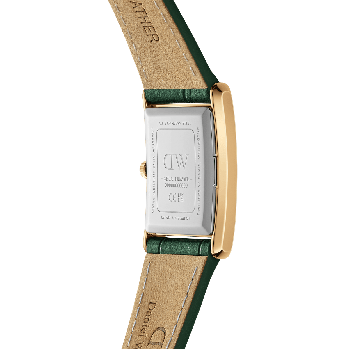 Back view of a rectangular gold ladies' watch with a stainless steel case back and green crocodile-embossed leather strap.