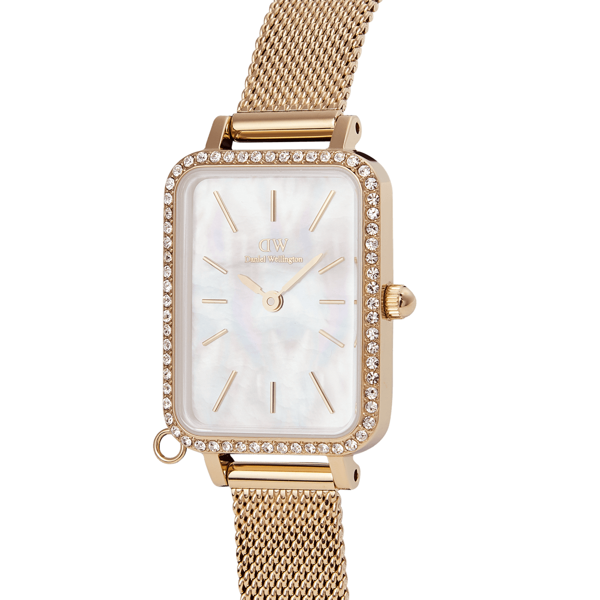 Close-up view of the Quadro Crystal Zodiac Evergold women's watch with a rectangular case, sparkling crystals, white mother-of-pearl dial, and fine gold-coloured mesh strap.