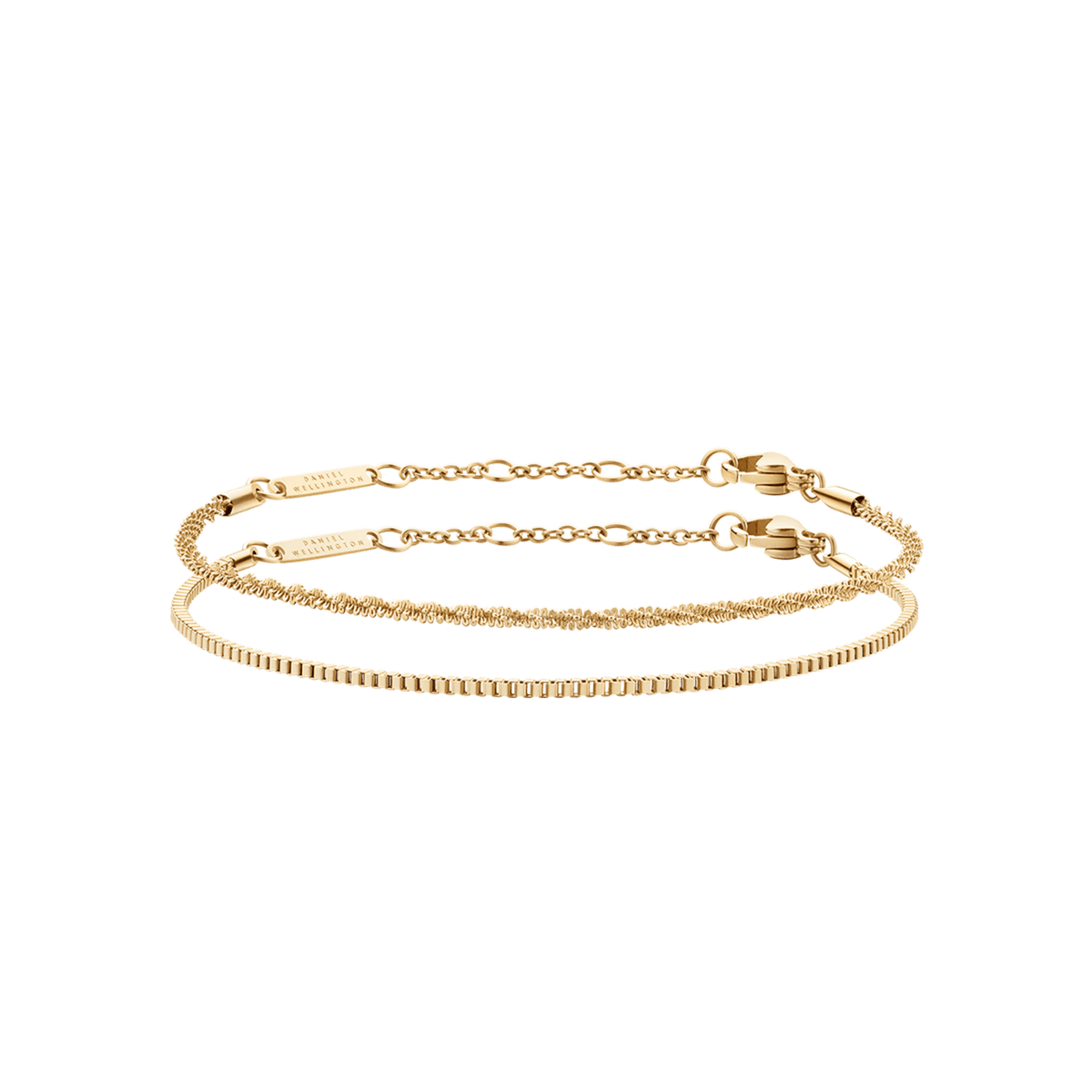 Set de dos pulseras doradas de acero inoxidable con diseño minimalista, una de cadena retorcida y otra de cadena clásica, ambas con cierre ajustable sobre fondo blanco.