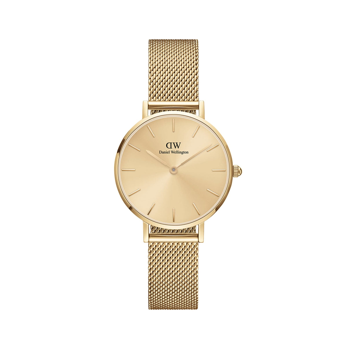 Daniel Wellington Petite Unitone women's watch in gold with a minimalist dial and fine mesh strap made of stainless steel.