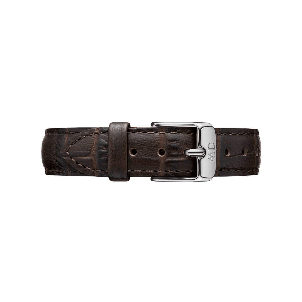 Cinturino intercambiabile in pelle marrone scuro con finitura effetto coccodrillo, dotato di fibbia argentata e passanti regolabili. Compatibile con gli orologi Petite York nelle misure da 28 mm e 32 mm.