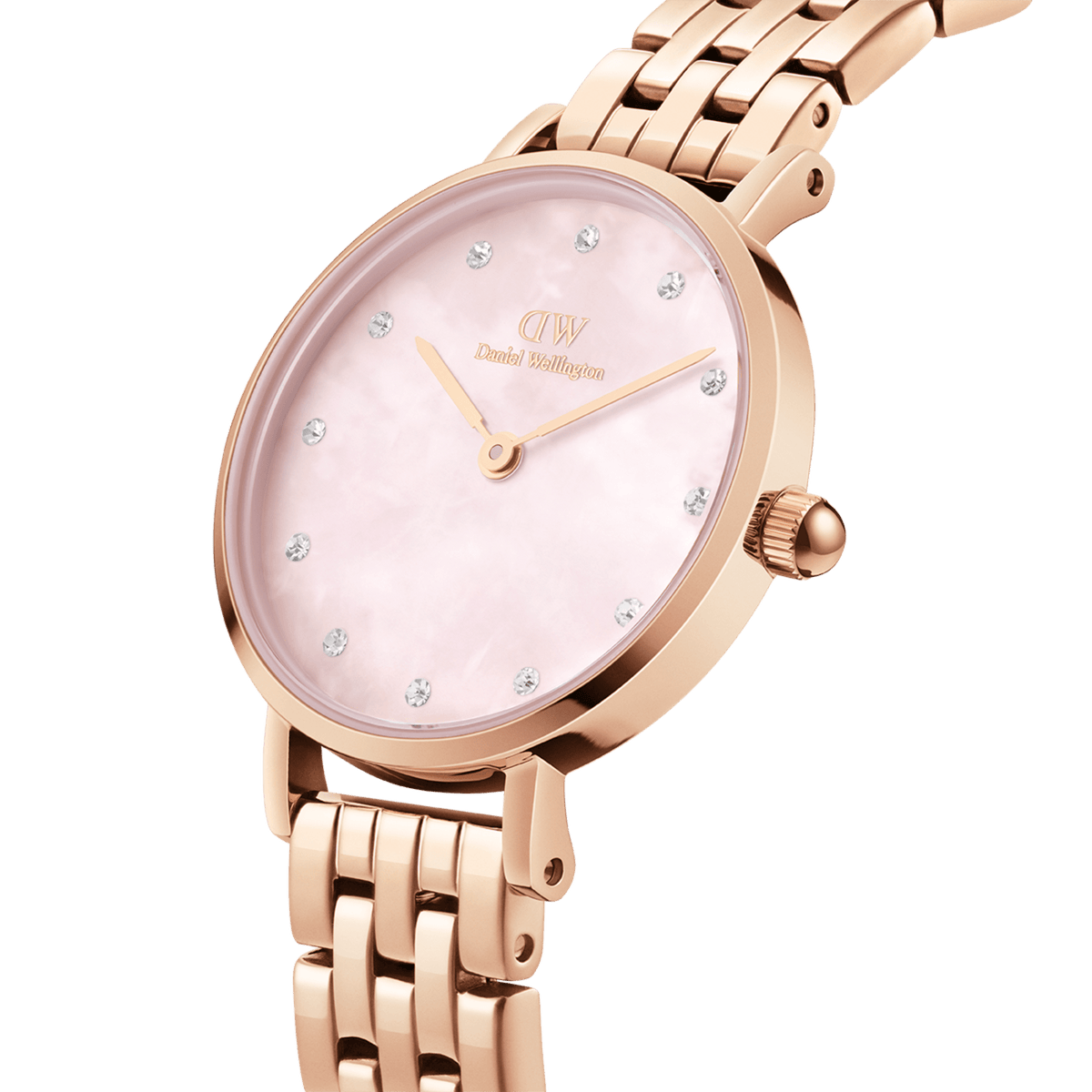 Close-up view of the Petite Lumine 5-Link Melrose ladies' watch with a rose gold stainless steel bracelet and delicate pink mother-of-pearl dial, enhanced with crystal indices.