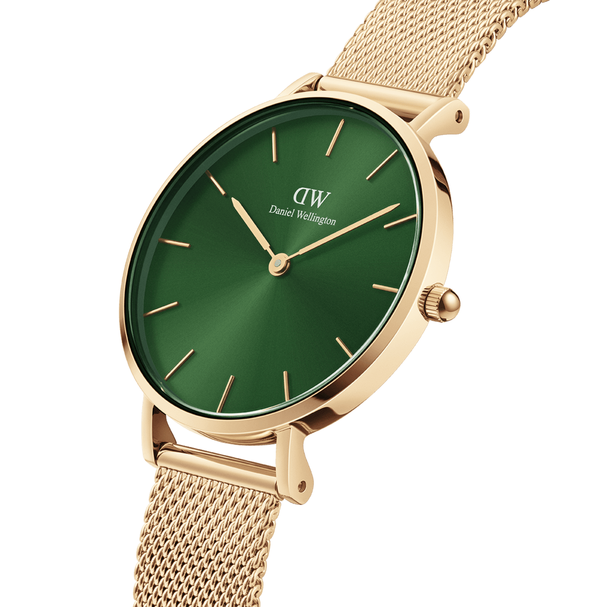 Close-up view of the Daniel Wellington Petite Emerald women's watch with gold-coloured stainless steel case, green sunray dial, and fine mesh strap.