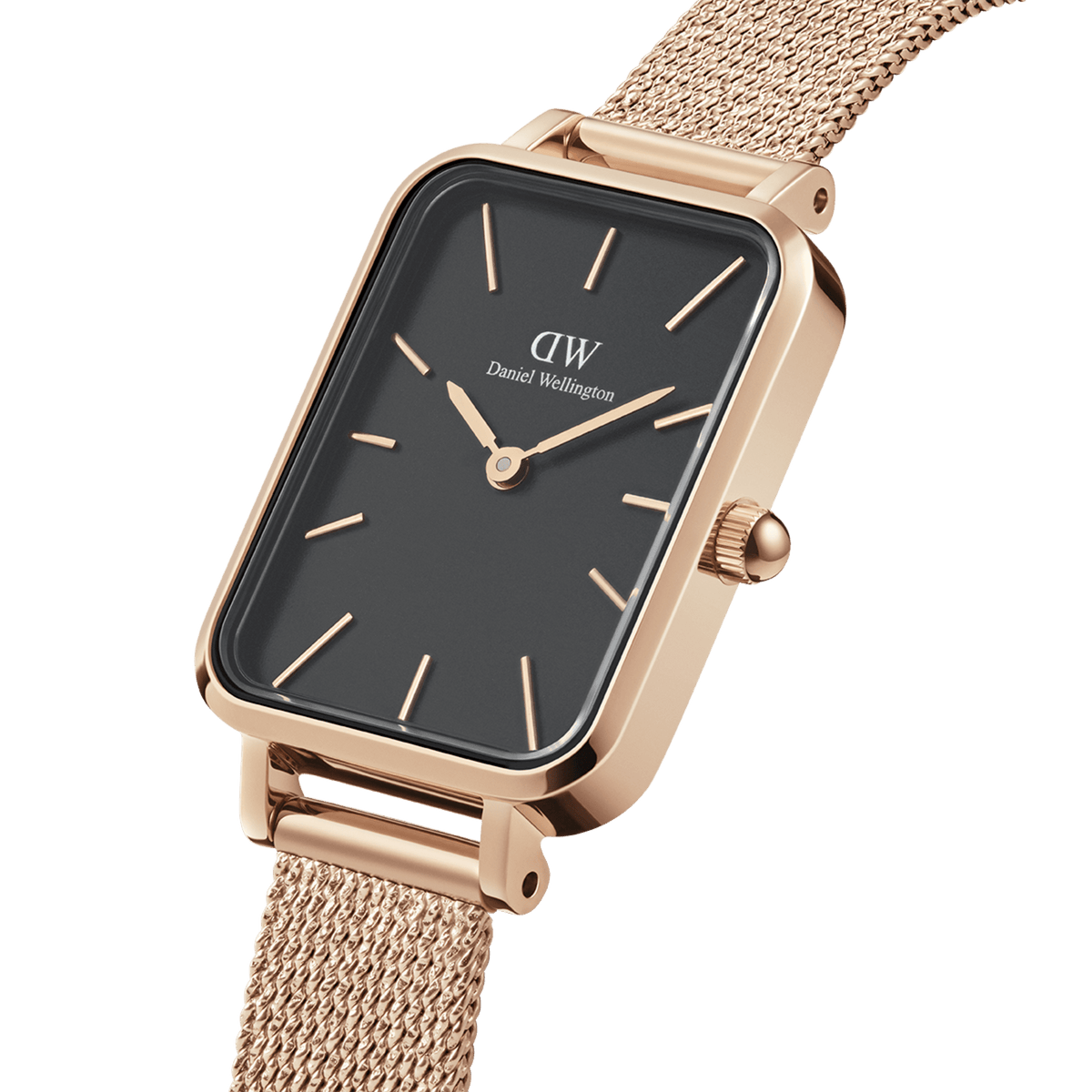 Close-up view of the Quadro Pressed Melrose women's watch with a rectangular rose gold case, black dial, and fine mesh strap.