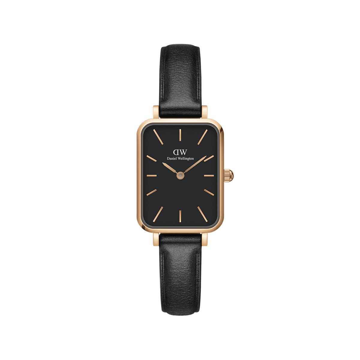 Elegant women's watch with a rectangular black dial, rose gold stainless steel case, and black leather strap.