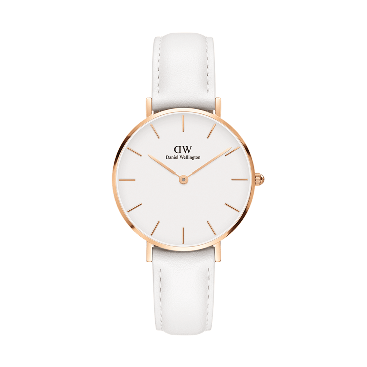 Petite Bondi Rose Gold ladies' watch with a slim rose gold case, minimalist eggshell white dial, and white leather strap.