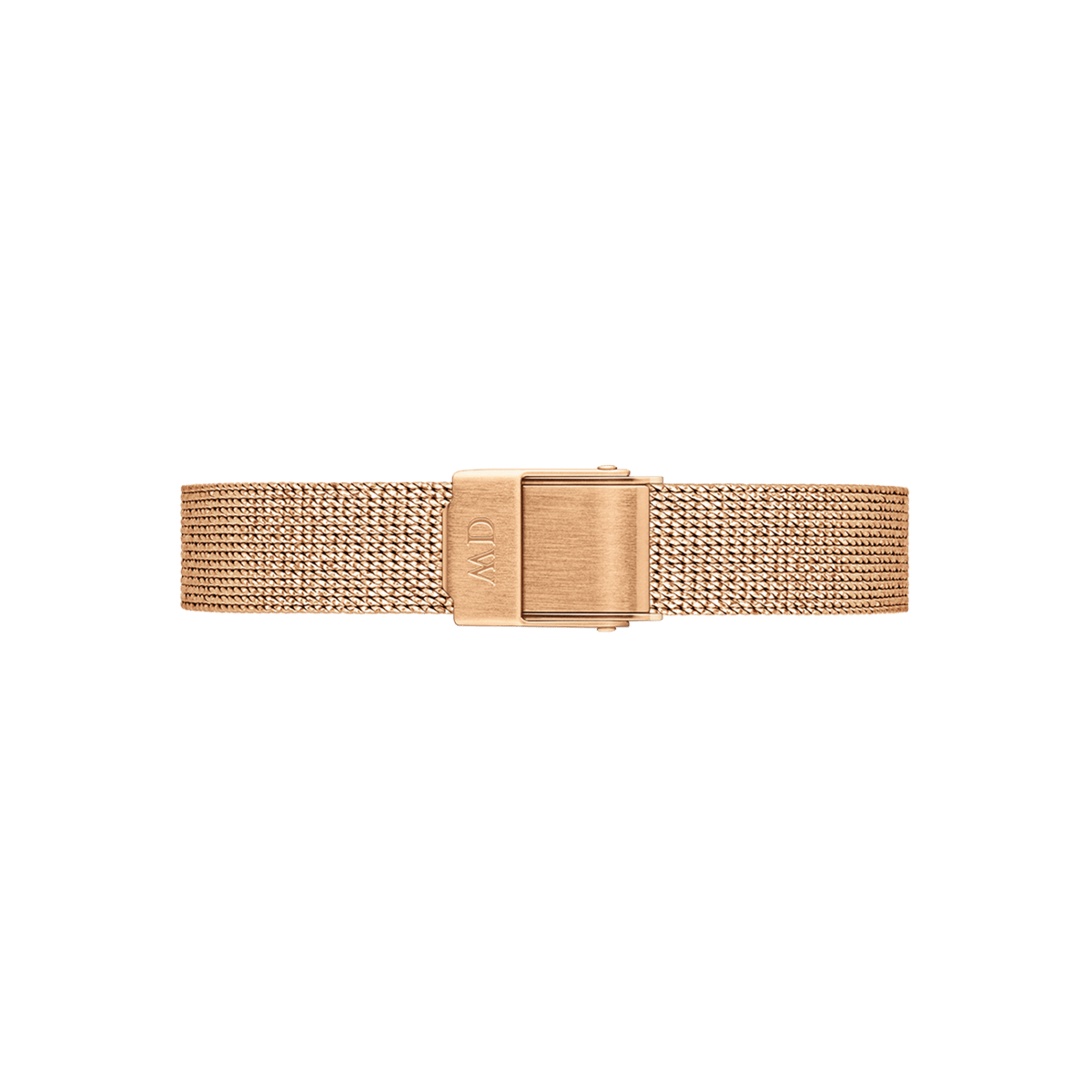 Rose gold mesh strap of the Quadro Pressed Melrose ladies' watch with an engraved, adjustable folding clasp.