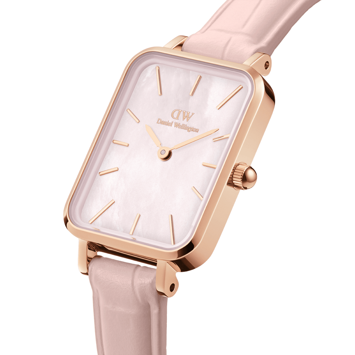 Close-up view of a rectangular ladies' watch Quadro Pressed Rouge with a rose gold case, mother-of-pearl dial, and a slim nude-pink leather strap with crocodile embossing.
