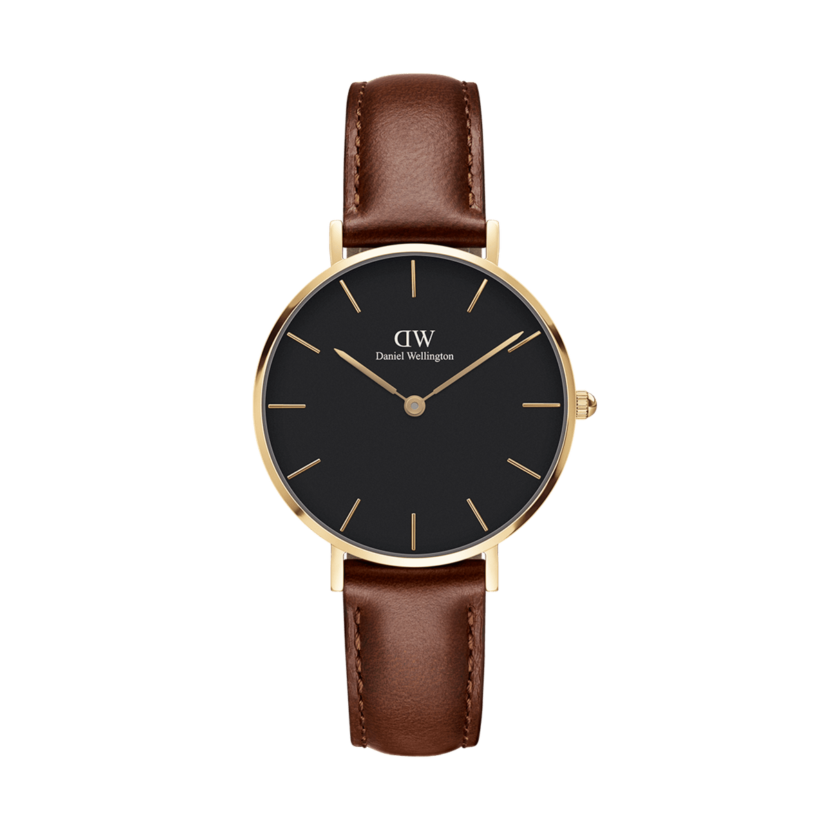 Elegant women's watch with a round gold-coloured stainless steel case, black dial, delicate gold hands and a classic brown leather strap.