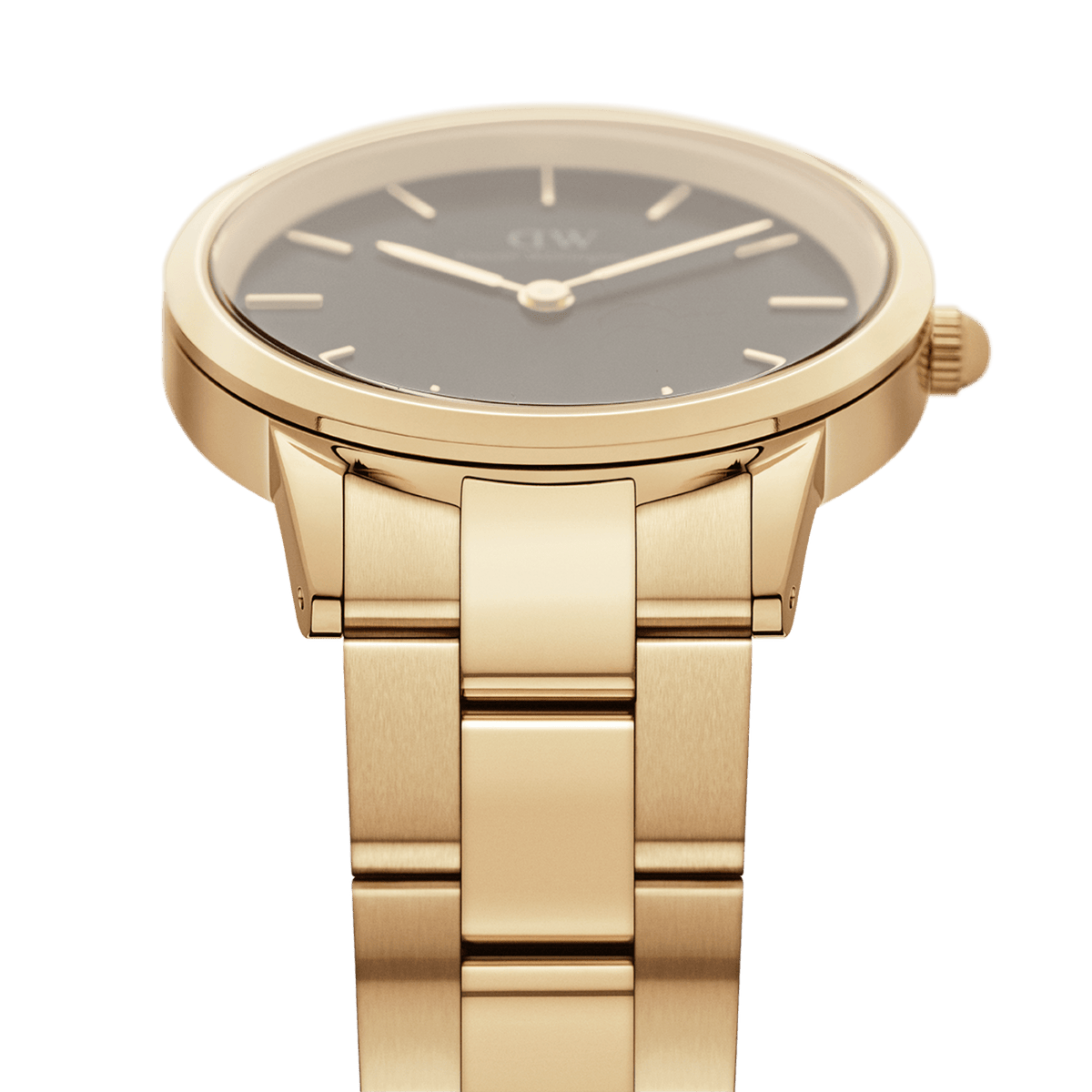 Close-up of the Iconic Link Gold women's watch with a gold-coloured stainless steel strap and black dial by Daniel Wellington.