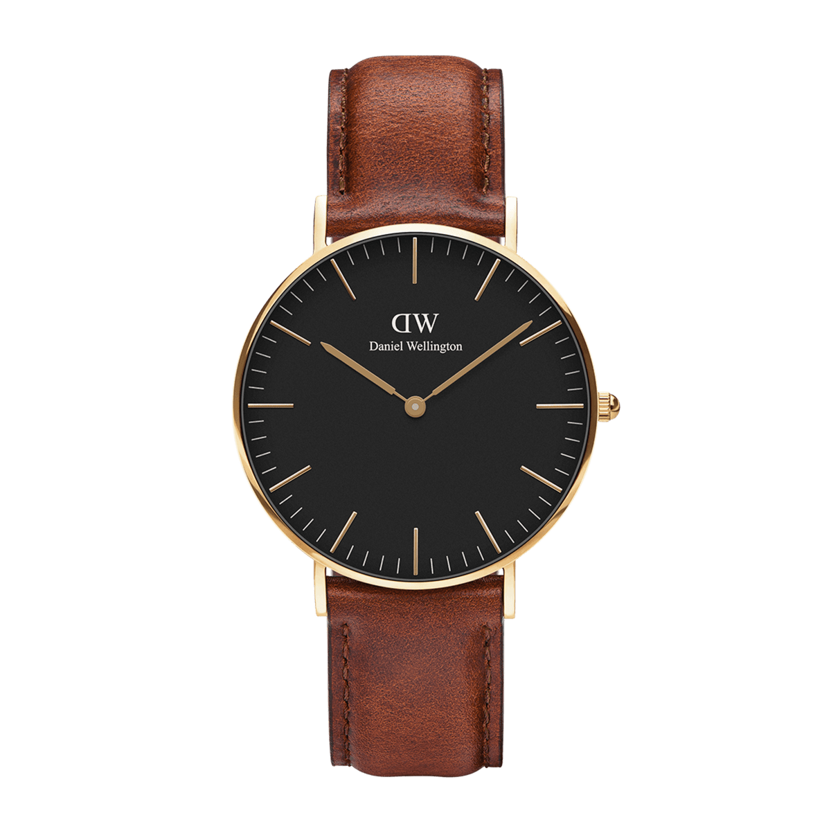 Stylish Daniel Wellington Classic St Mawes Gold watch with black dial, gold-coloured case and brown leather strap.