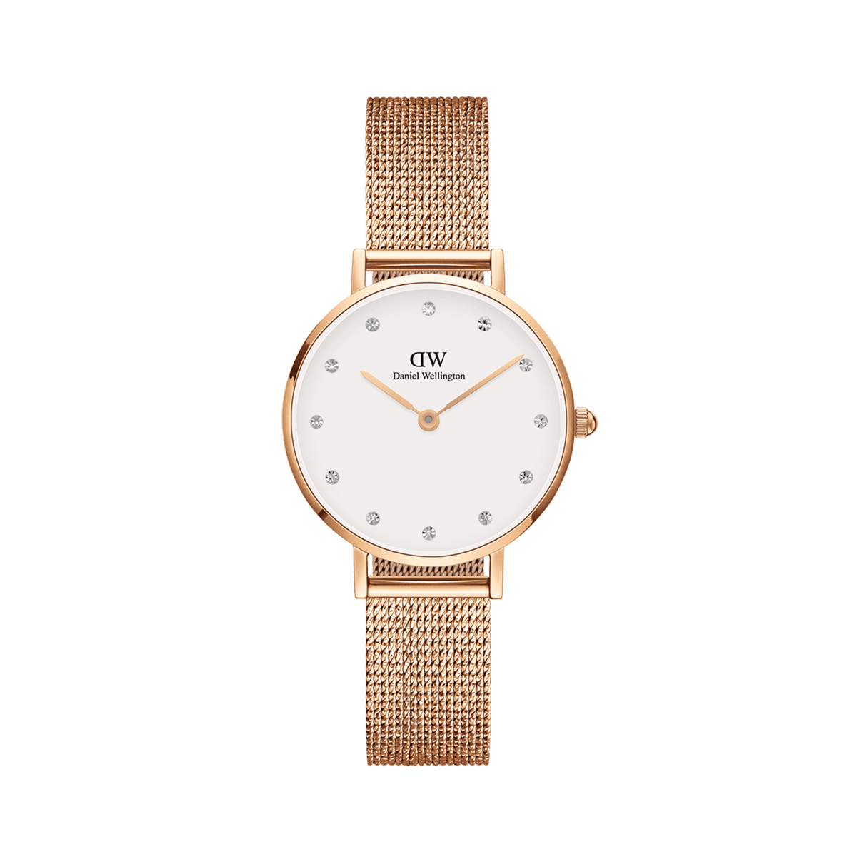 Petite Lumine Pressed Melrose women's watch with a round rose gold case, eggshell white dial with crystal indices, and a fine mesh strap.