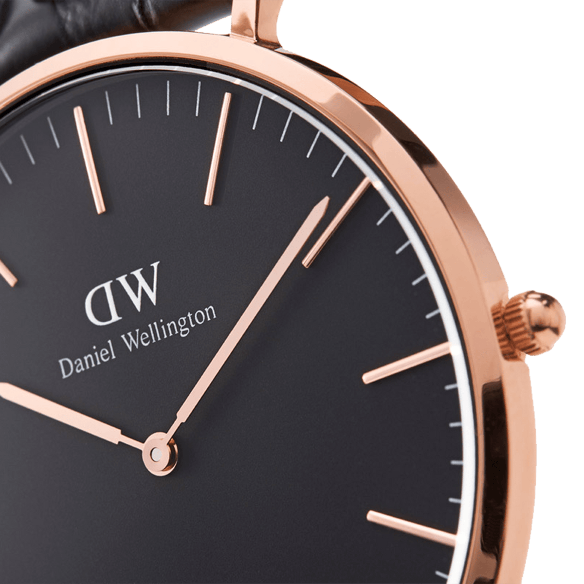 Side close-up of the Daniel Wellington Classic Reading with black dial, rose gold case, and fine rose gold indices.