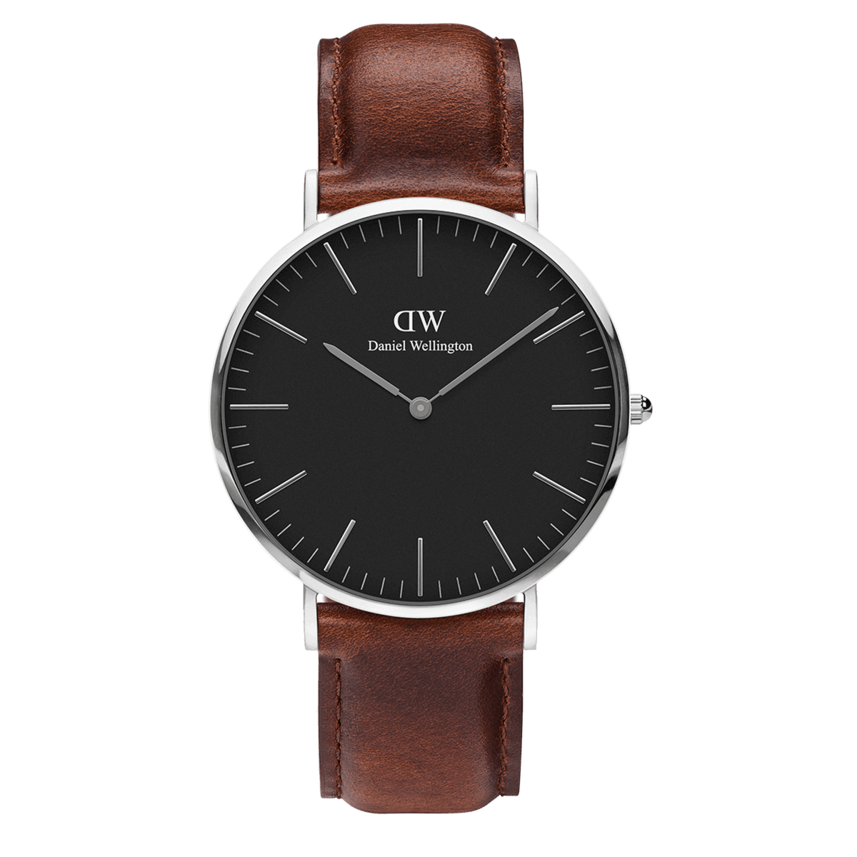 Orologio Classic St Mawes con cassa argentata, quadrante nero e cinturino in pelle marrone.