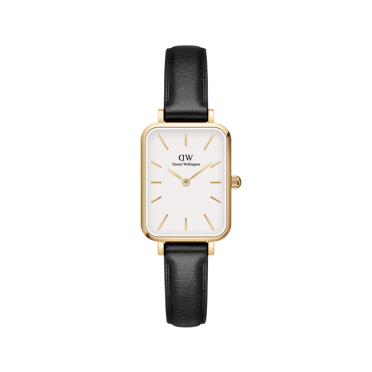 Rectangular ladies' watch with gold-coloured stainless steel case, eggshell white dial and black leather strap.