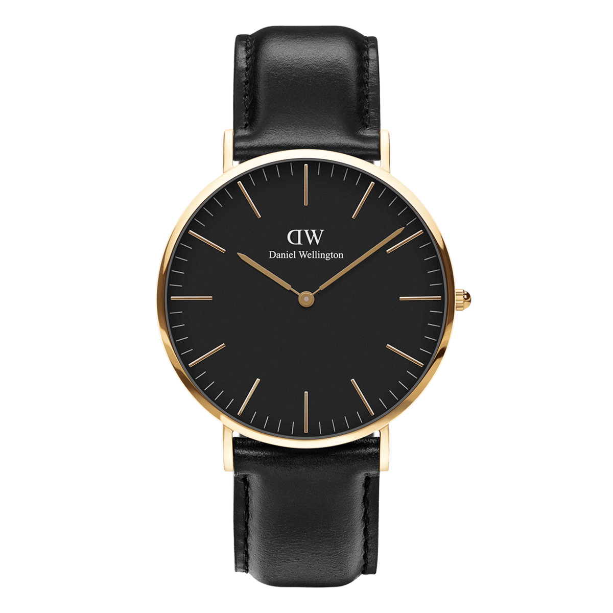 Minimalist Daniel Wellington Classic Sheffield Gold watch with black dial, gold-coloured case, and black leather strap.