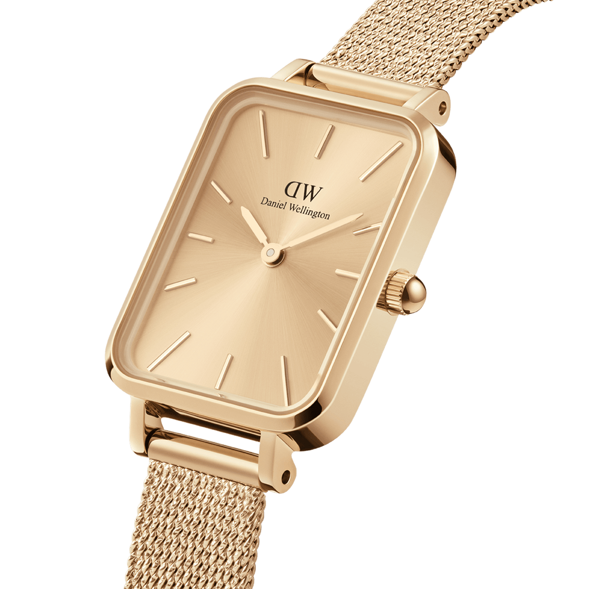 Close-up view of the Quadro Pressed Unitone Gold ladies' watch with a rectangular case, gold-coloured dial and fine stainless steel mesh strap.