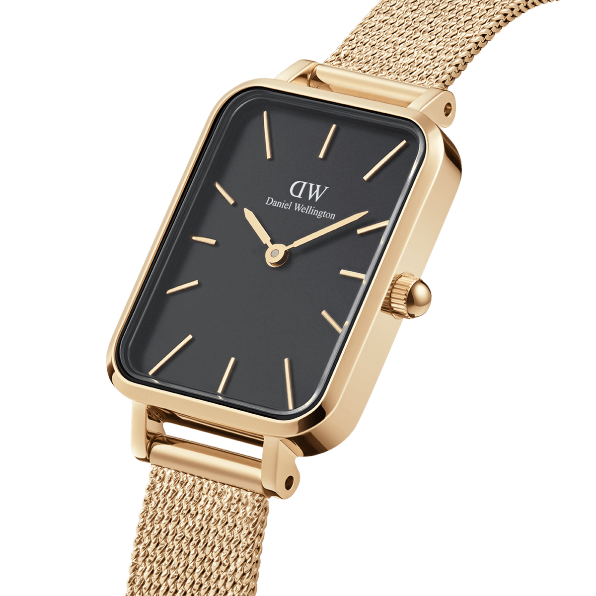 Close-up view of the Quadro Pressed Evergold ladies' watch with rectangular gold-coloured case, black dial and fine stainless steel mesh strap.