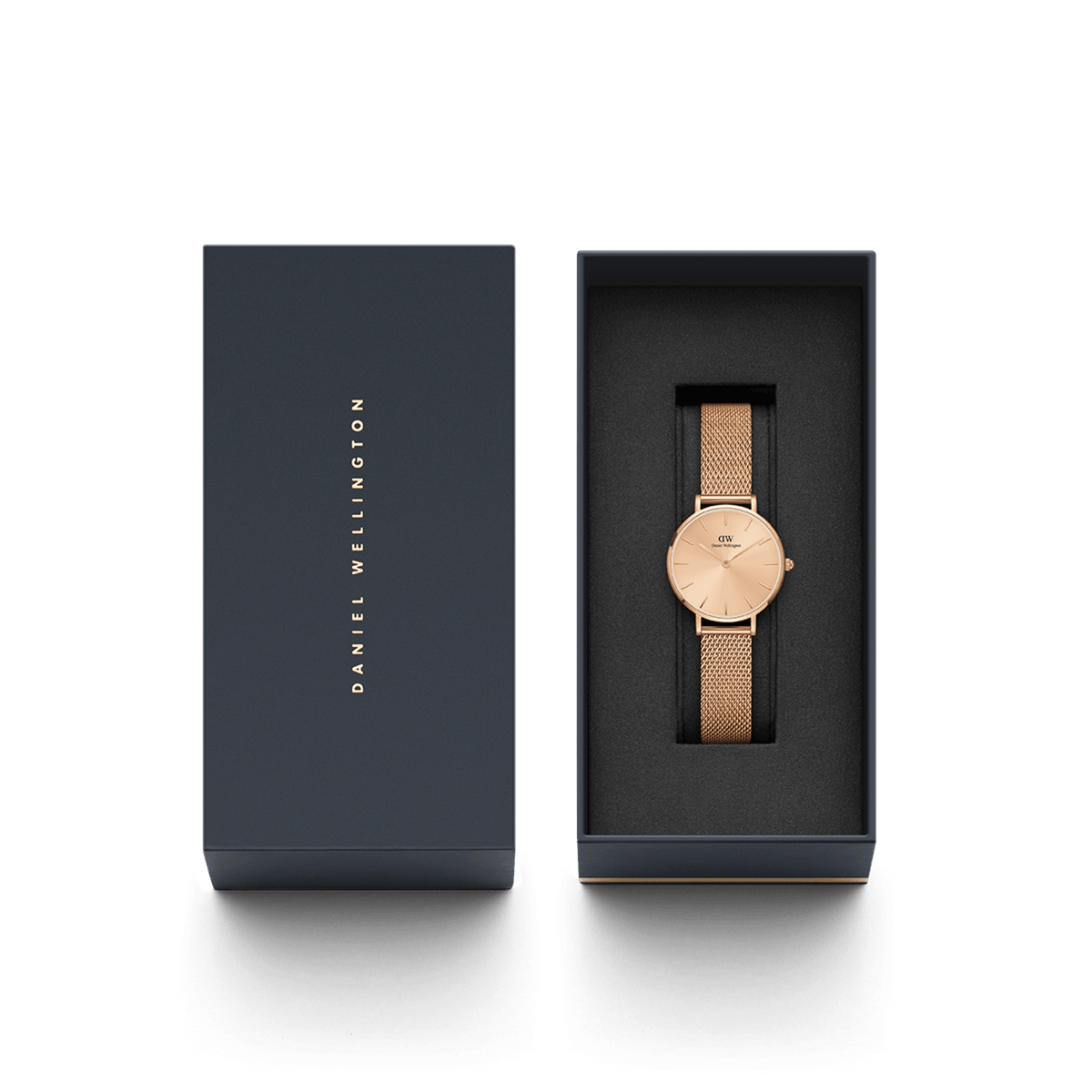Petite Unitone women's watch in rose gold with mesh strap, stylishly presented in an elegant Daniel Wellington gift box.